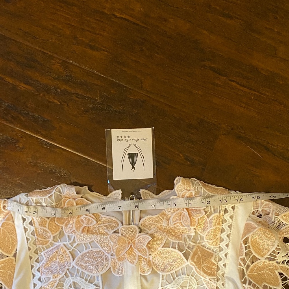 NWT Han Qing Mu Mu Elegant Retro Lace Cutout Ivory & Peach Midi Dress Size 2 - Picture 13 of 15